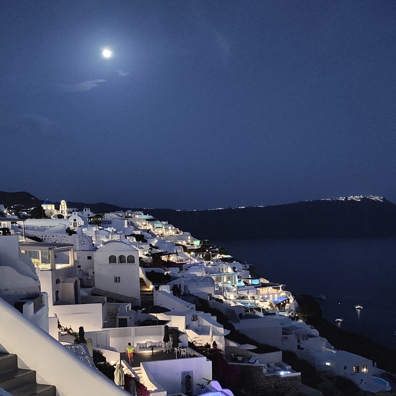 Santorini at night in Greece.